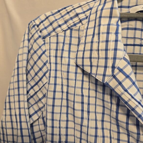 FOXCROFT NYC SIZE 10 SHAPED BLUE WHITE STRIPE TUNIC 3/4 SLEEVES VNECK CRINKLE - Picture 4 of 11